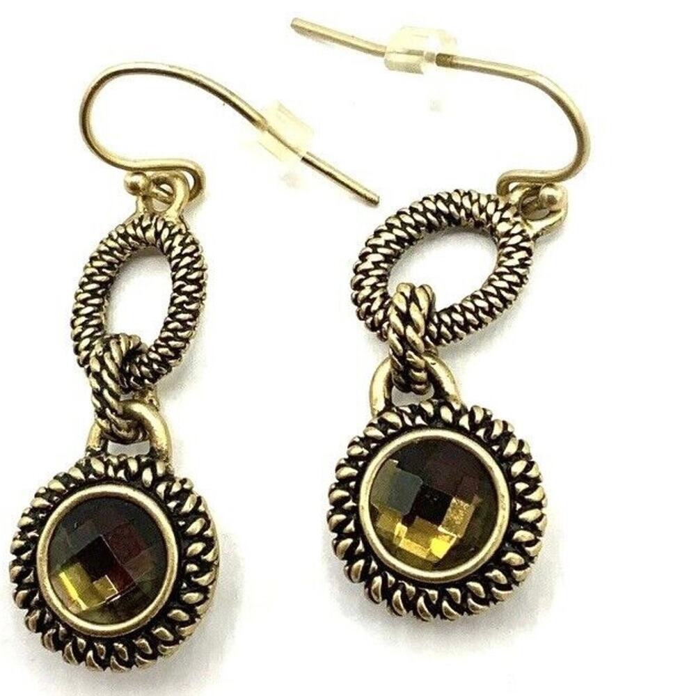 Lia Sophia Vintage Gold Tone And Brown‎ Faceted Glass CASSANDRA Retired Earrings